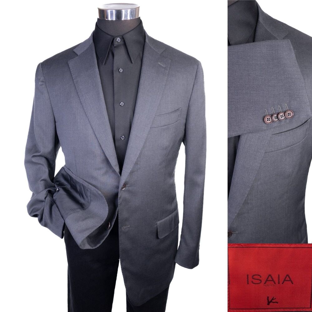 Isaia Napoli Blazer Sport Coat 42L AQUASPIDER Wool Solid Gray 2-Button Jacket